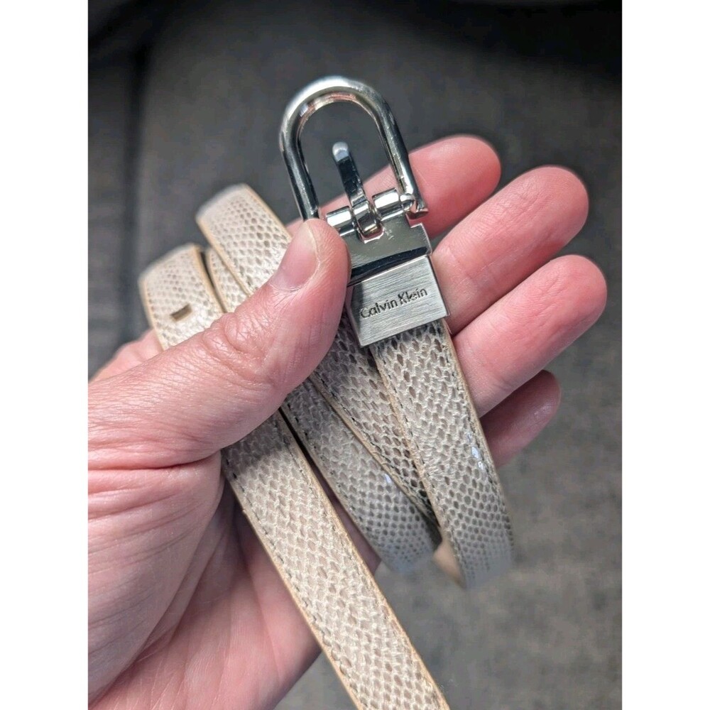 Calvin Klein Women's Leather Belt Snake Print White Women's 37" Sleek Slim Dress